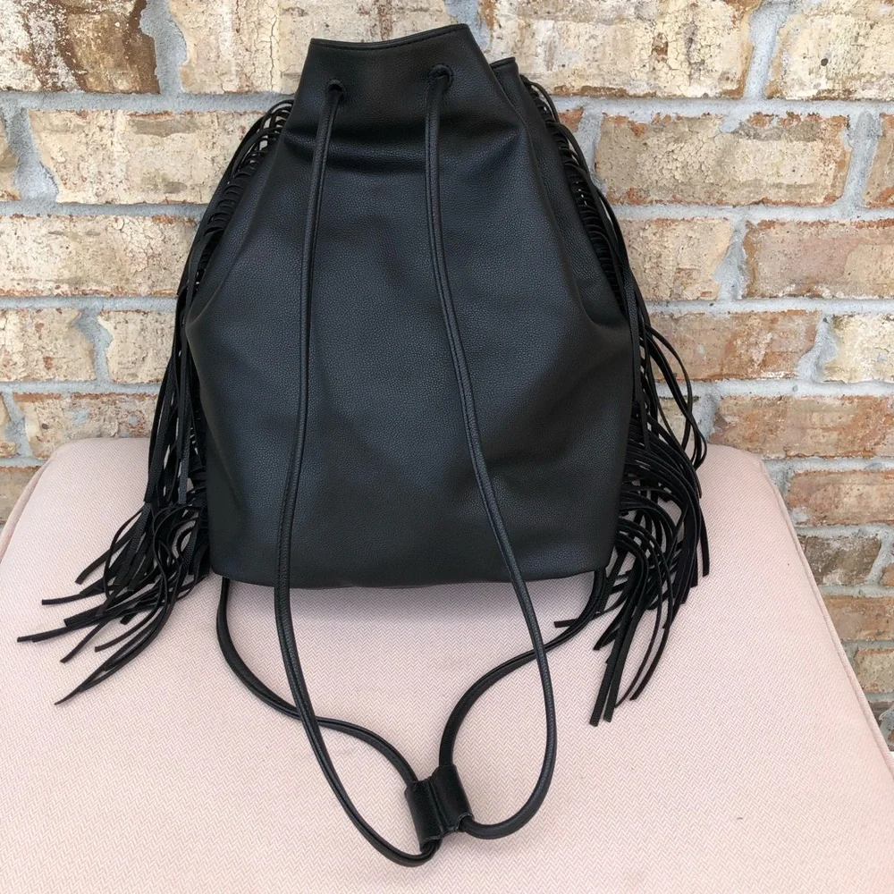Victoria's Secret Black Fringe Drawstring Faux Leather Backpack